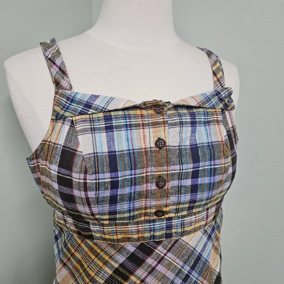 Old Navy Plaid Earthy Spring Dress Bias Cut Preppy Y2K Retro Brown Yellow - Picture 2 of 12